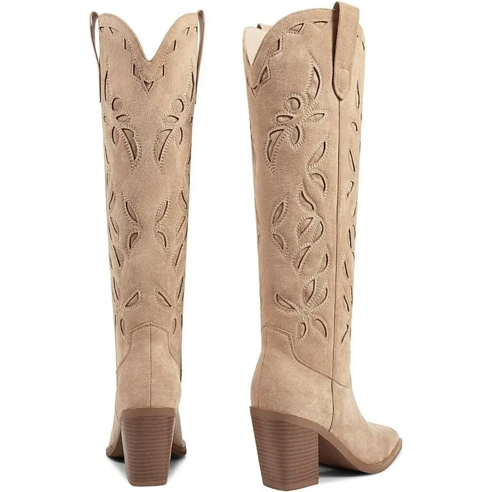 Women Knee Apricot Faux Leather Pull On Tab Chunky Heel Pointed Toe Unique Boots